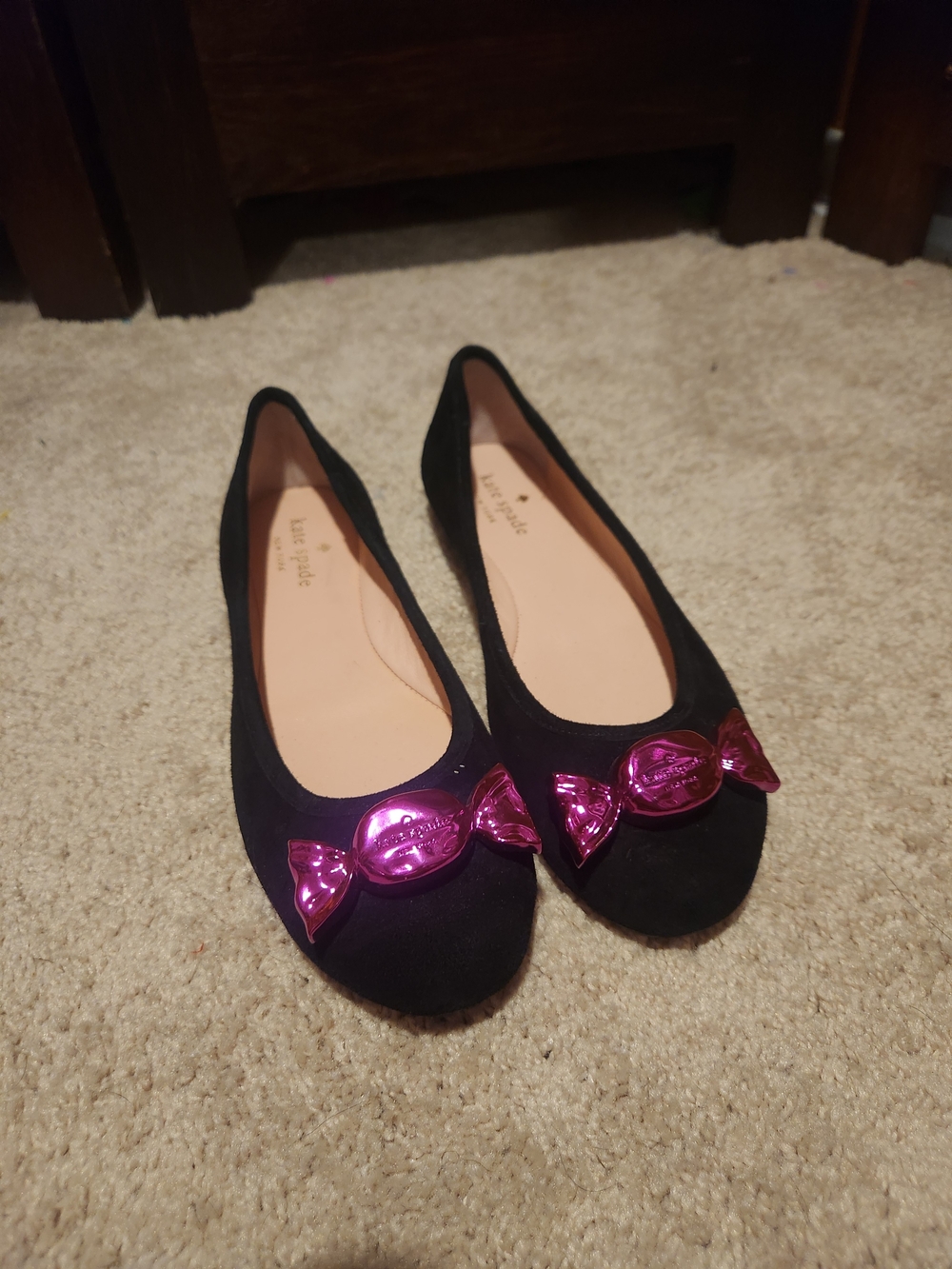 kate spade Black Suede Flats with Metallic Pink Candy Accent